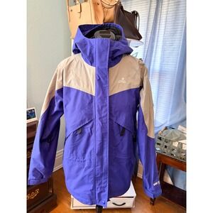 EMS Gore-Tex Rain Jacket Small Purple Gray Color Block Hooded Shell Gorpcore